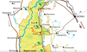 Mapa szlaków rowerowych i pieszych w Biebrzańskim Parku Narodowym, największym parku narodowym w Polsce.
