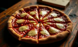 Pokrojona pizza z sosem pomidorowym i serem na drewnianym stole.