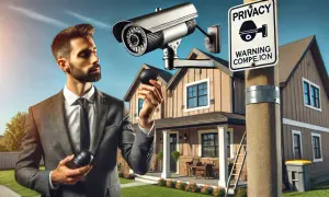 Un homme en costume examine une caméra de surveillance devant une maison. Le panneau "PRIVACY" et la jurisprudence sur la vidéosurveillance en copropriété soulignent les enjeux.