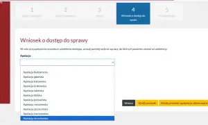 Formularz wniosku o dostęp do sprawy, gdzie można wybrać apelację, np. wrocławską, aby sprawdzić akta sprawy przez internet.