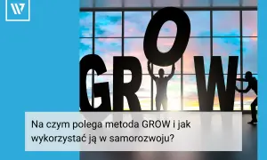 Ludzie tworzą napis GROW, symbolizując rozwój. Pytania coachingowe pomagają w tej drodze.