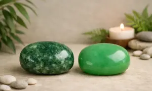 Dos piedras de jade verde, una con motas y otra lisa, junto a una vela encendida y hojas. Descubre las jade blanco propiedades.
