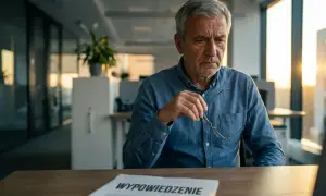Zamyślony starszy mężczyzna z okularami w dłoni, przed nim dokument "Wypowiedzenie". Czy to okres ochronny przed emeryturą?