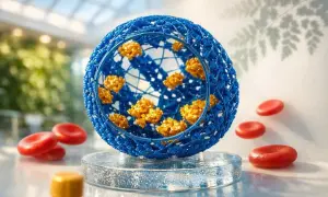 Een blauwe bol met oranje deeltjes, omringd door rode bloedcellen. Laag ferritine kan gevaarlijk zijn voor de gezondheid.