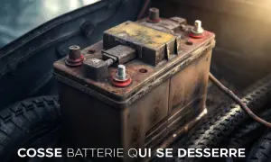 Batterie de voiture rouillée, avec une cosse de batterie qui se desserre, un symptôme courant de problèmes de démarrage.