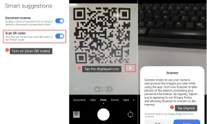 Ustawienia telefonu: włącz skanowanie kodów QR. Widok aparatu z kodem QR i klawiaturą.