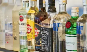 Różne rodzaje wódki i alkoholi, w tym Bacardi, Havana Club, Jack Daniel's, Absolut Vodka i Tanqueray, stoją w rzędzie.