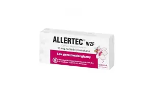 Opakowanie leku Allertec WZF z cetyryzyną, 10 mg, 7 tabletek powlekanych. Lek przeciwalergiczny.