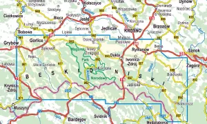 Mapa **Beskid Niski szlaki** z zaznaczonymi miastami jak Gorlice, Krosno, Sanok, Dukla i szlakami turystycznymi.