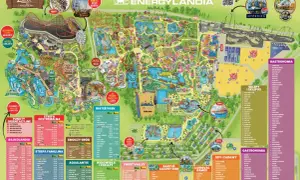 Mapa Energylandii, gdzie jest park rozrywki z atrakcjami, strefami tematycznymi, wodnym światem i gastronomią.