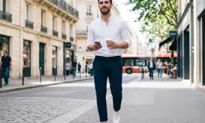 Ein Mann in weißem Hemd und blauer Hose geht durch Paris. Perfekt, was passt zu einer blauen Hose!