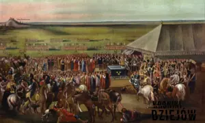 Uroczystość na polu bitwy, tłumy ludzi, namiot, wojsko w tle. Scena nawiązuje do potopu szwedzkiego, data wydarzenia nieznana.