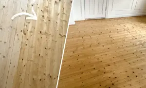 Före och efter-bild på ett furugolv som fått ny lack. Det gamla golvet är matt och slitet, medan det nya är blankt och fräscht.
