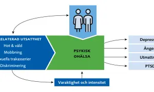 Diagram visar hur arbetsrelaterad utsatthet, som hot & våld, leder till psykisk ohälsa som depression, ångest, utmattning och PTSD.
