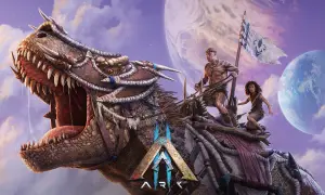 Dinozaur z ludźmi na grzbiecie, z flagą i planetami w tle. Zapowiedź ark 2 premiera.