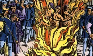 Eine grausame Szene: Menschen, darunter ein Kind, werden auf einem Scheiterhaufen verbrannt. Die Frage "Hexenverbrennung wann" wirft ein Schlaglicht auf diese dunkle Epoche.