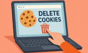 Ilustracja pokazuje, jak wyczyścić pliki cookies Chrome. Palec wskazuje ikonę kosza na śmieci obok napisu "DELETE COOKIES" na ekranie laptopa.