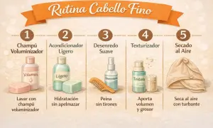Rutina para cabello fino: champú voluminizador, acondicionador ligero, desenredante, texturizador y secado al aire con turbante.