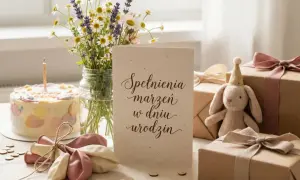Uroczy króliczek z czapeczką, tort i bukiet kwiatów. Idealne na śmieszne życzenia urodzinowe dla chrześnicy.