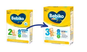 Dwa opakowania mleka modyfikowanego Bebiko: dla dzieci powyżej 6. miesiąca życia (nr 2) i powyżej 1. roku życia (Junior nr 3). Dowiedz się, jak przygotować mleko modyfikowane.