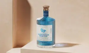 Elegancka butelka Drumshanbo Gunpowder Irish Gin, z niebieskim płynem i wytłoczonym jelonkiem, idealna na prezent dla miłośników ginów.