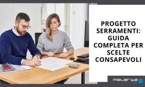 Guida completa per scegliere infissi: uomo e donna analizzano progetti e campioni colore per decisioni consapevoli.