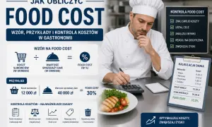 Szef kuchni analizuje koszty operacyjne przykłady, obliczając food cost. Na ekranie wzór, kalkulacja dania i zasady kontroli kosztów.