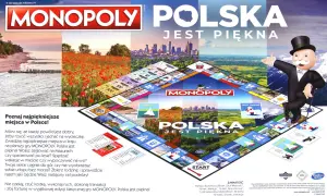 Monopoly Polska: plansza gry z widokami Polski, Mr. Monopoly i polskimi miejscami.