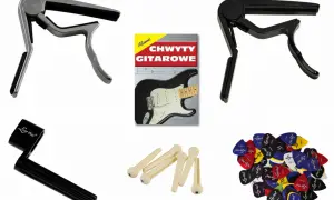 Dwa kapodastery, kostki, kołki do mostka i klucz do naciągania strun. Zestaw akcesoriów dla gitarzysty.