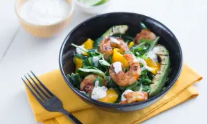 Garnelensalat mit Avocado und Mango, beträufelt mit einer cremigen Sauce.
