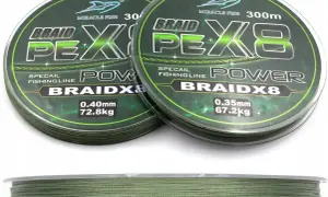 Dwie szpulki plecionki wędkarskiej Miracle Fish Braid X8. Jedna o średnicy 0.40mm i wytrzymałości 72.8kg, druga 0.35mm i 67.2kg.