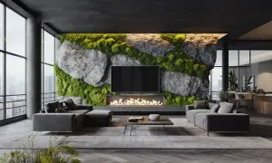 Moderne Wandgestaltung mit Stein und Moos, Kamin und Fernseher. Ein luxuriöses Wohnzimmer mit Blick auf die Stadt.