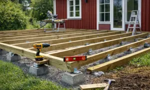 Bygga altan på plintar: träbjälkar monteras på betongplintar med skruvdragare och vattenpass. Ett steg för att skapa en ny uteplats.