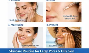 Routine soin pour peau grasse : nettoyage, sérum à la niacinamide, hydratation et protection solaire.