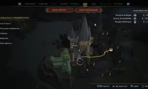 Mapa Hogwartu z zaznaczonymi punktami orientacyjnymi i ścieżką. Widać menu z opcjami, w tym "Misje" i "Mapa Świata", co sugeruje rozgrywkę w grze Hogwarts Legacy.
