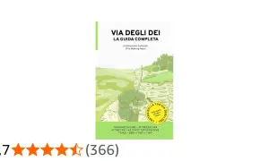 Copertina guida "Via degli Dei", con paesaggio montano e un escursionista. Perfetta per chi cerca una dubbel birra dopo il cammino.