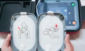 Instrukcja użycia AED. Kiedy defibrylacja jest konieczna, elektrody umieszcza się na klatce piersiowej pacjenta zgodnie z rysunkami.