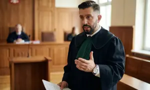 Prawnik w todze omawia kwestie wydziedziczenia i zachowku w sali sądowej.