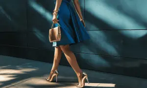 Elegancka kobieta w niebieskiej sukience i złotych szpilkach, idealne buty do niebieskiej sukienki na specjalną okazję.