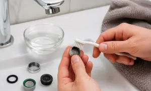Czyszczenie sitka w baterii kuchennej: ręce szczoteczką delikatnie usuwają osad z wyjętego aeratora.