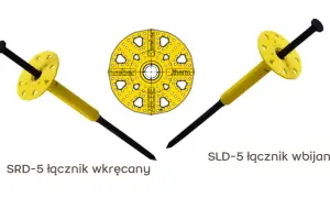 Dwa kołki do wełny elewacyjnej: wkręcany i wbijany, obok schematu talerzyka mocującego.
