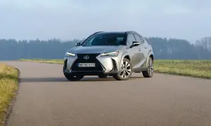 Srebrny Lexus UX 250h na krętej drodze, z lasem w tle.