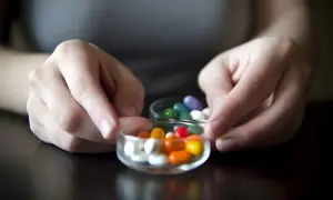 Dłonie trzymają szklane naczynia z kolorowymi kapsułkami. Czy to mocne tabletki na odchudzanie?