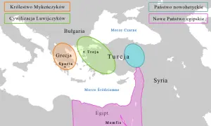 Mapa Europy i Bliskiego Wschodu z zaznaczonymi obszarami: Grecja, Troja, Egipt, Syria, Bułgaria, państwa Luwijczyków i Mykeńczyków.
