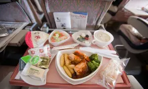Ein Flugzeugessen mit Hähnchen, Kartoffeln, Brokkoli, Salat und einem Dessert. Guten Appetit beim Essen im Flugzeug!