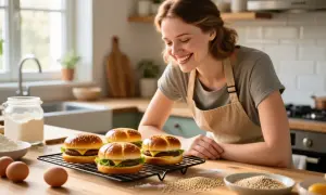 Une femme souriante prépare des burgers sur une table de cuisine avec des ingrédients.