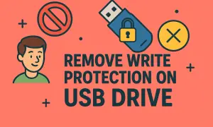 Icono de persona, USB con candado y prohibición. Instrucciones para quitar protección contra escritura disco duro.