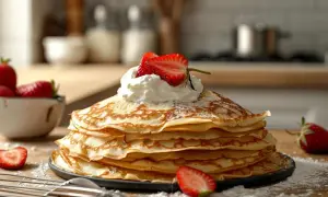 Pile de crêpes dorées, garnie de chantilly et de fraises. Parfait pour une recette crêpe 2 œufs gourmande.