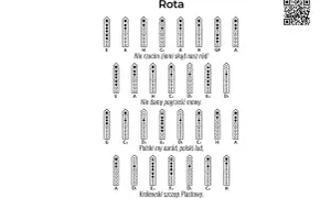 Zapis nutowy "Rota" na flet prosty. Pokazuje palcowanie dla poszczególnych nut i wersów pieśni.