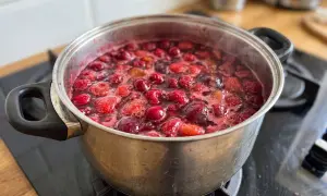 Gotujący się na kuchence garnek z owocami, z którego powstanie pyszny kompot z nektarynek.